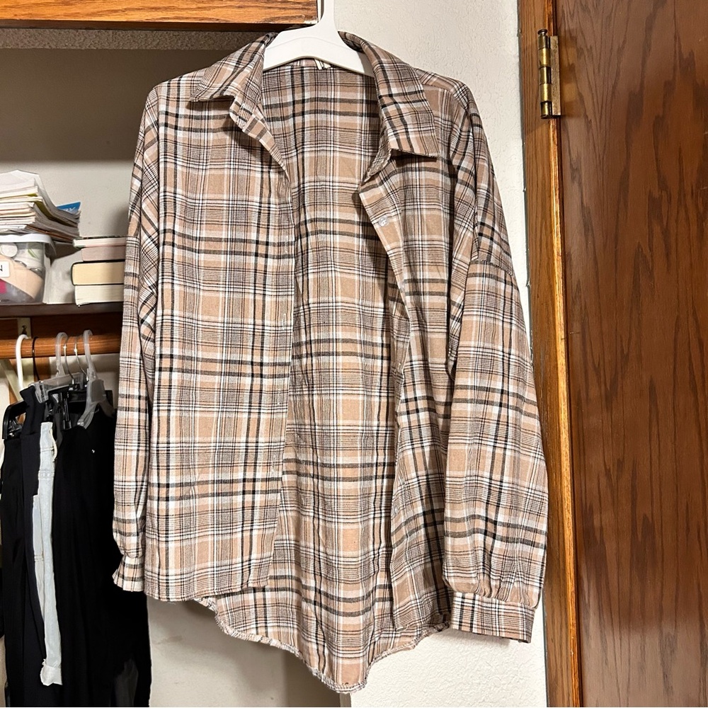 yesstyle tan and black plaid button down flannel shirt